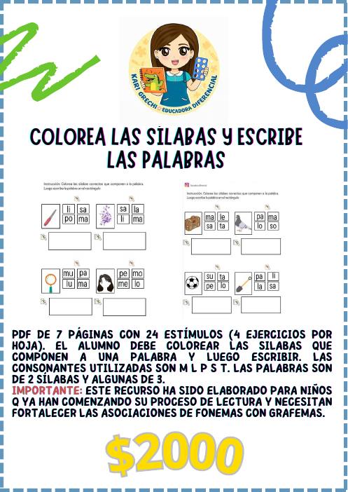 Ficha del catálogo: Colorea las sílabas y escribe las palabras